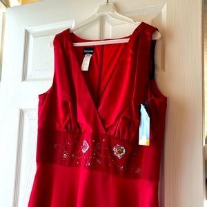 Brand new / never worn - red satin dress, v neck/sleeveless.  Embellished waist